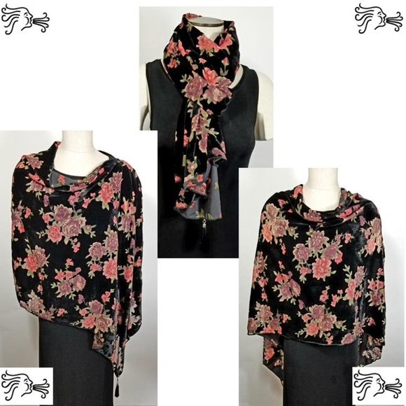 AIR Artsy Accessories Accessories - Black Red Rose Burnout Velvet Poncho Scarf Tassel